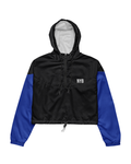 cropped half-zip windbreaker, black with cobalt blue sleeves and a small white NYB on the chest, flat view on white