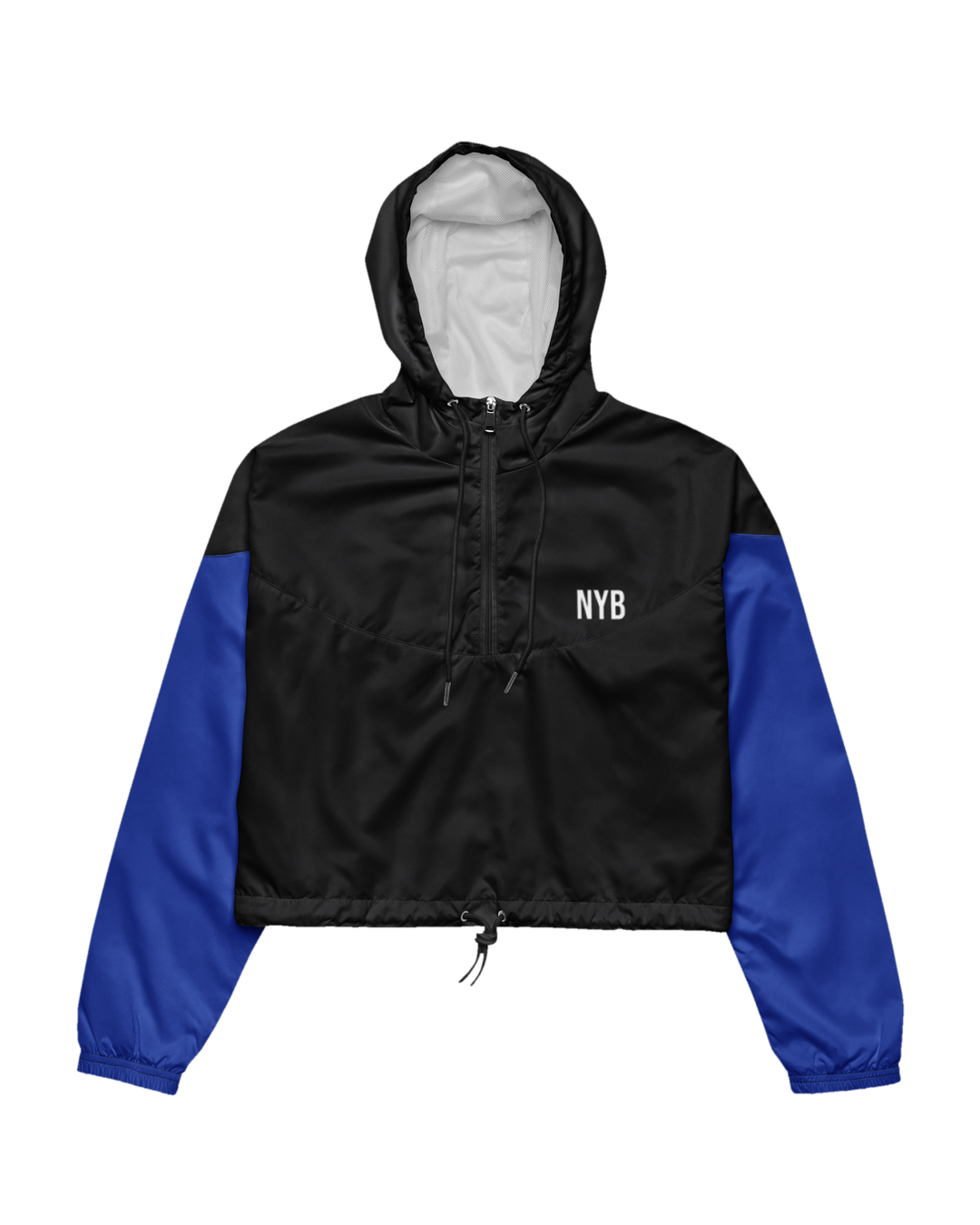 cropped half-zip windbreaker, black with cobalt blue sleeves and a small white NYB on the chest, flat view on white