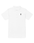 white pique polo with a small black embroidered cross on the chest, flat view on white