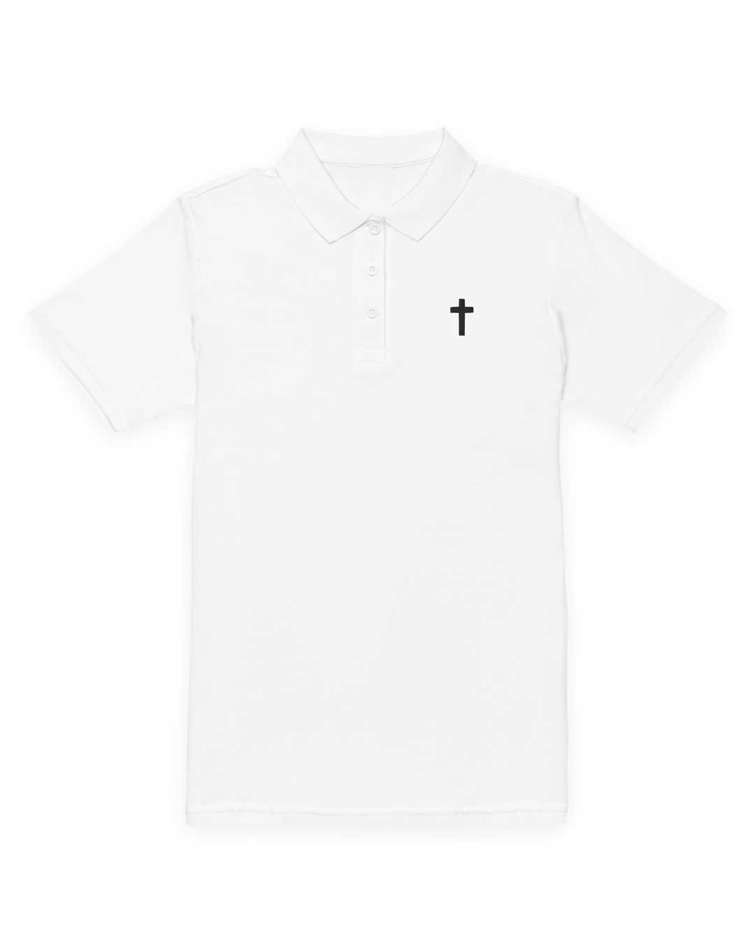 white pique polo with a small black embroidered cross on the chest, flat view on white