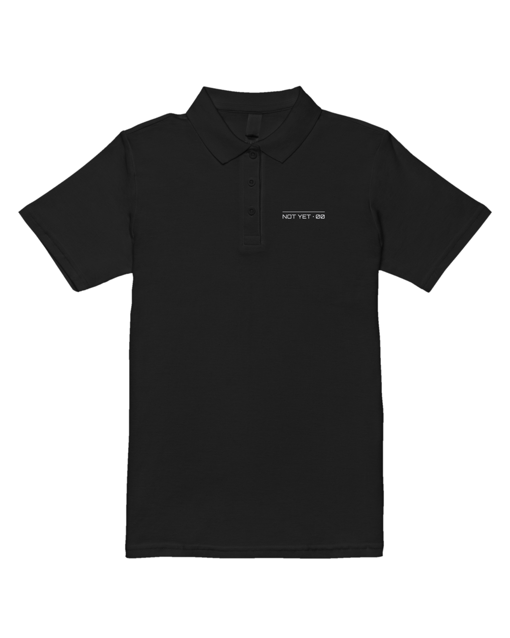 black pique polo with a small light-grey NOT YET 00 line on the chest, flat view on white