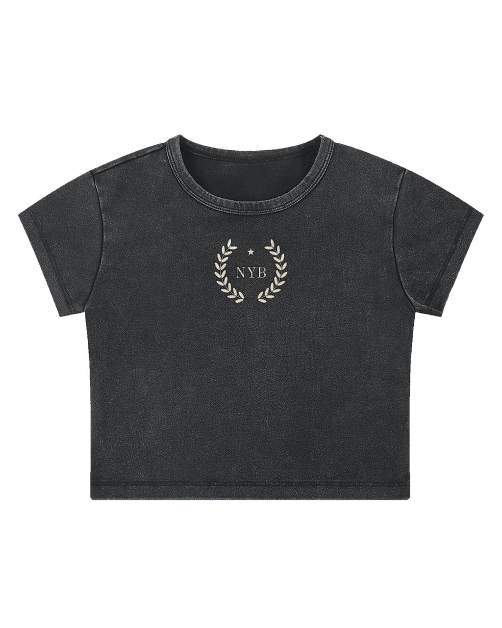 snow-washed black crop tee with a small cream laurel crest reading NYB on the chest, flat view on white