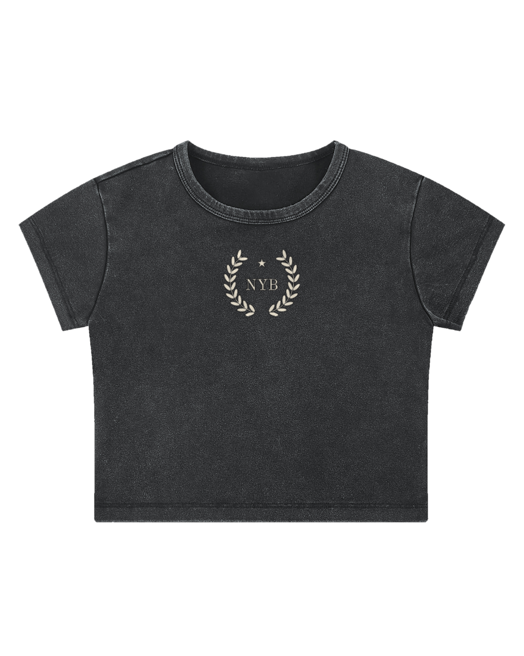 snow-washed black crop tee with a small cream laurel crest reading NYB on the chest, flat view on white