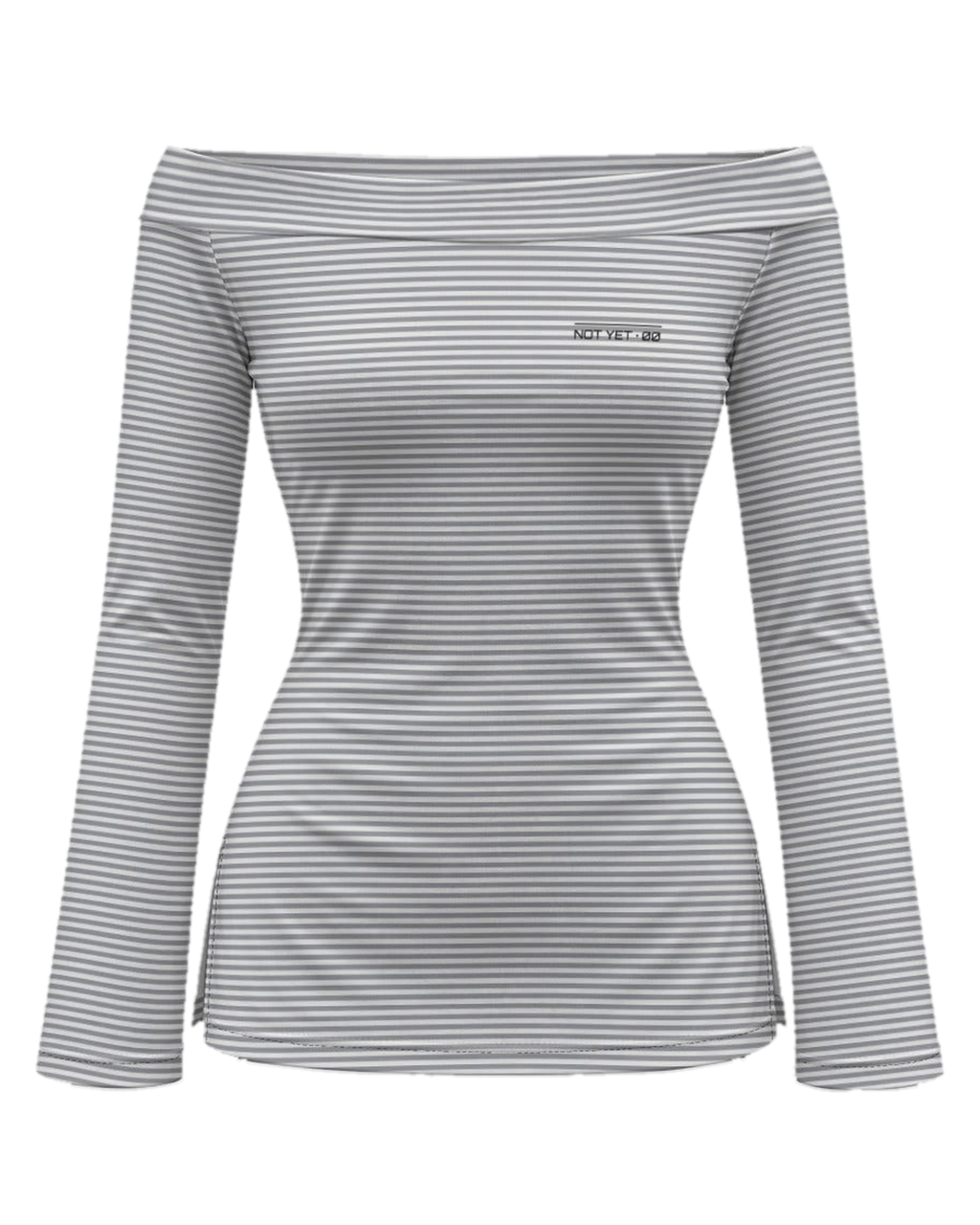 fitted off-shoulder long sleeve top in fine grey and white stripes with a tiny NOT YET 00 line on the chest, flat view on white