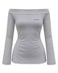 fitted off-shoulder long sleeve top in fine grey and white stripes with a tiny NOT YET 00 line on the chest, flat view on white