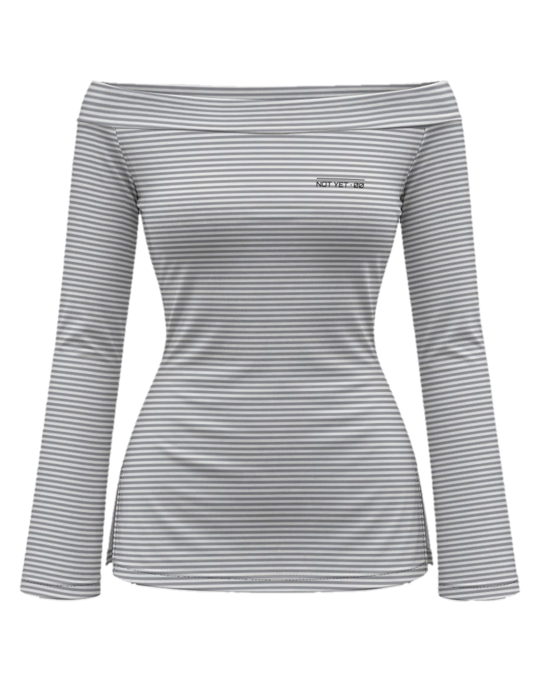 fitted off-shoulder long sleeve top in fine grey and white stripes with a tiny NOT YET 00 line on the chest, flat view on white