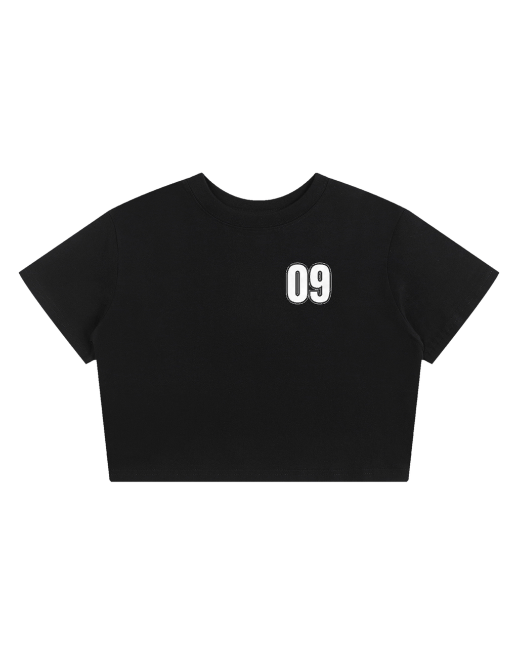 black fitted baby tee with a small white varsity 09 on the left chest, flat view on white