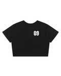 black fitted baby tee with a small white varsity 09 on the left chest, flat view on white