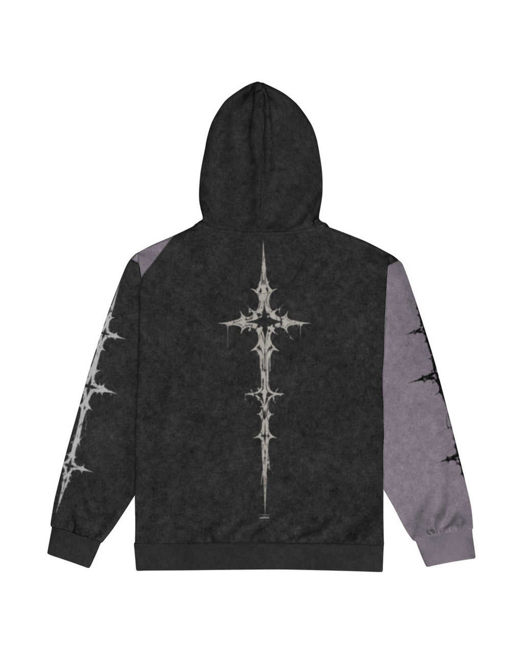 "Silent Order" charcoal and lavender zip hoodie, back view, on white