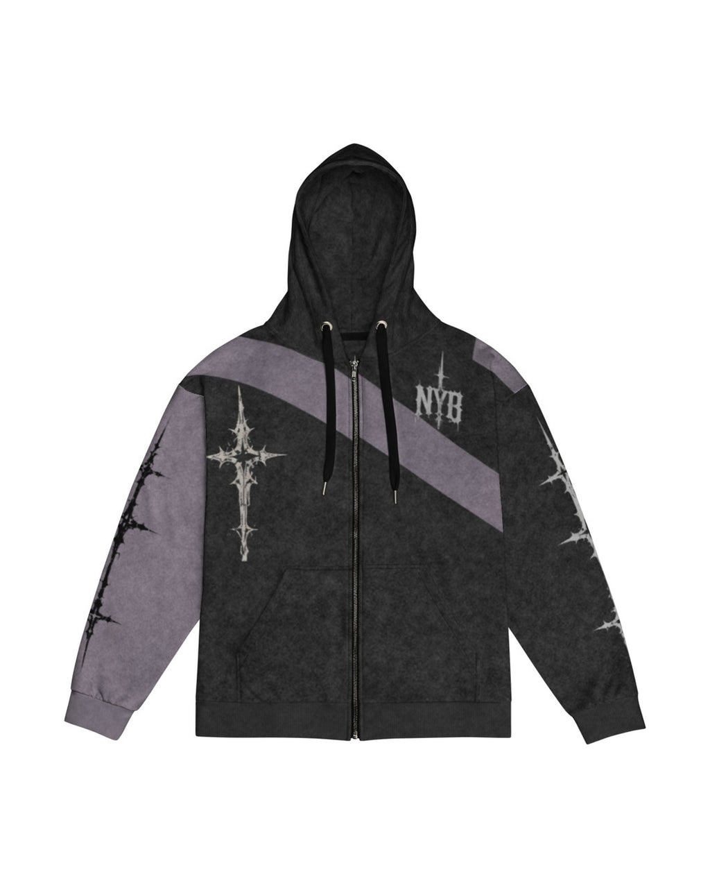 "Silent Order" charcoal and lavender zip hoodie, front view, on white