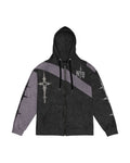 "Silent Order" charcoal and lavender zip hoodie, front view, on white