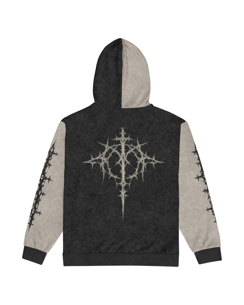 "DVDED" washed charcoal and stone zip hoodie, back view, on white