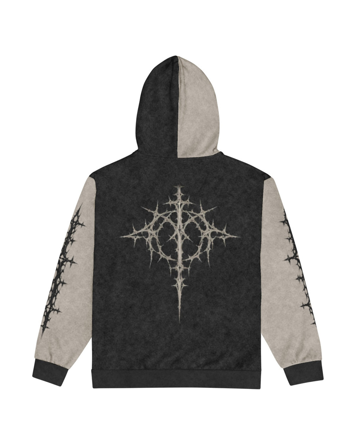 "DVDED" washed charcoal and stone zip hoodie, back view, on white