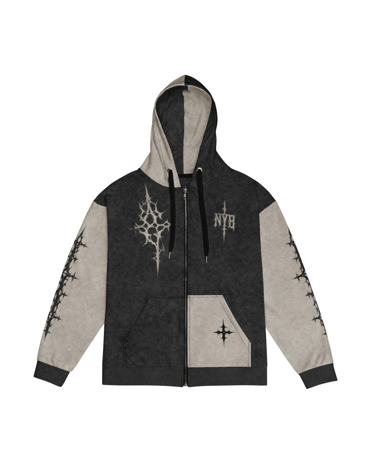 "DVDED" washed charcoal and stone zip hoodie, front view, on white
