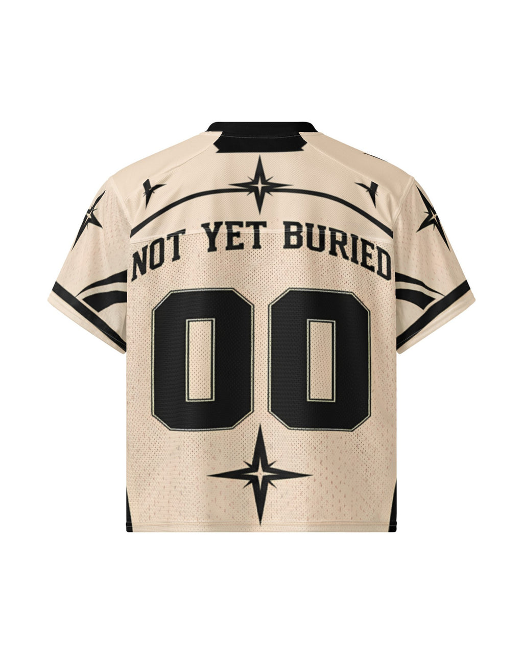 "NOUGHT" cream and black football jersey, back view, on white