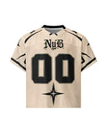"NOUGHT" cream and black football jersey, front view, on white