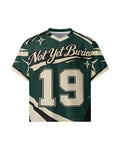 "BLIGHT" forest green and cream football jersey, front view, on white