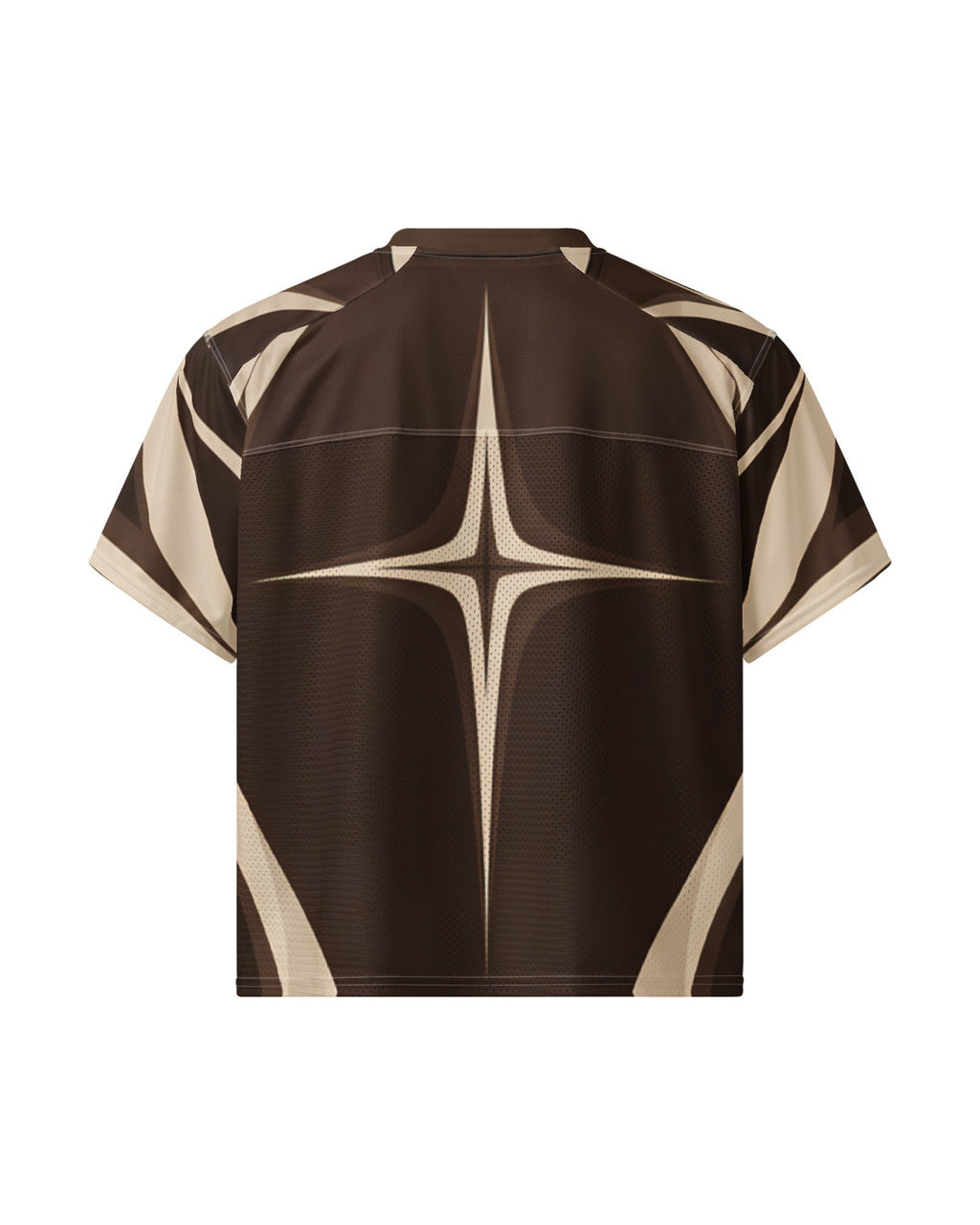 "DIRT NAP" brown and cream football jersey, back view, on white