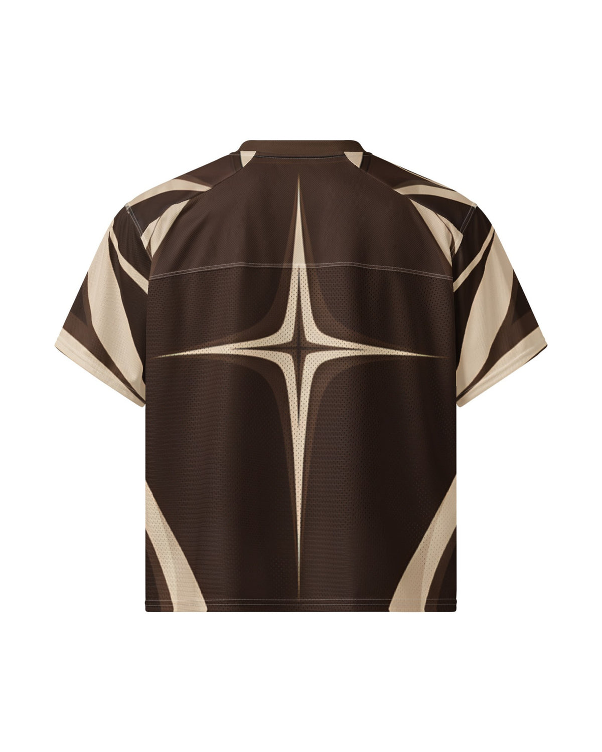 "DIRT NAP" brown and cream football jersey, back view, on white