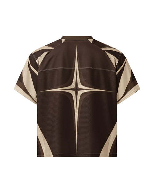 "DIRT NAP" brown and cream football jersey, back view, on white