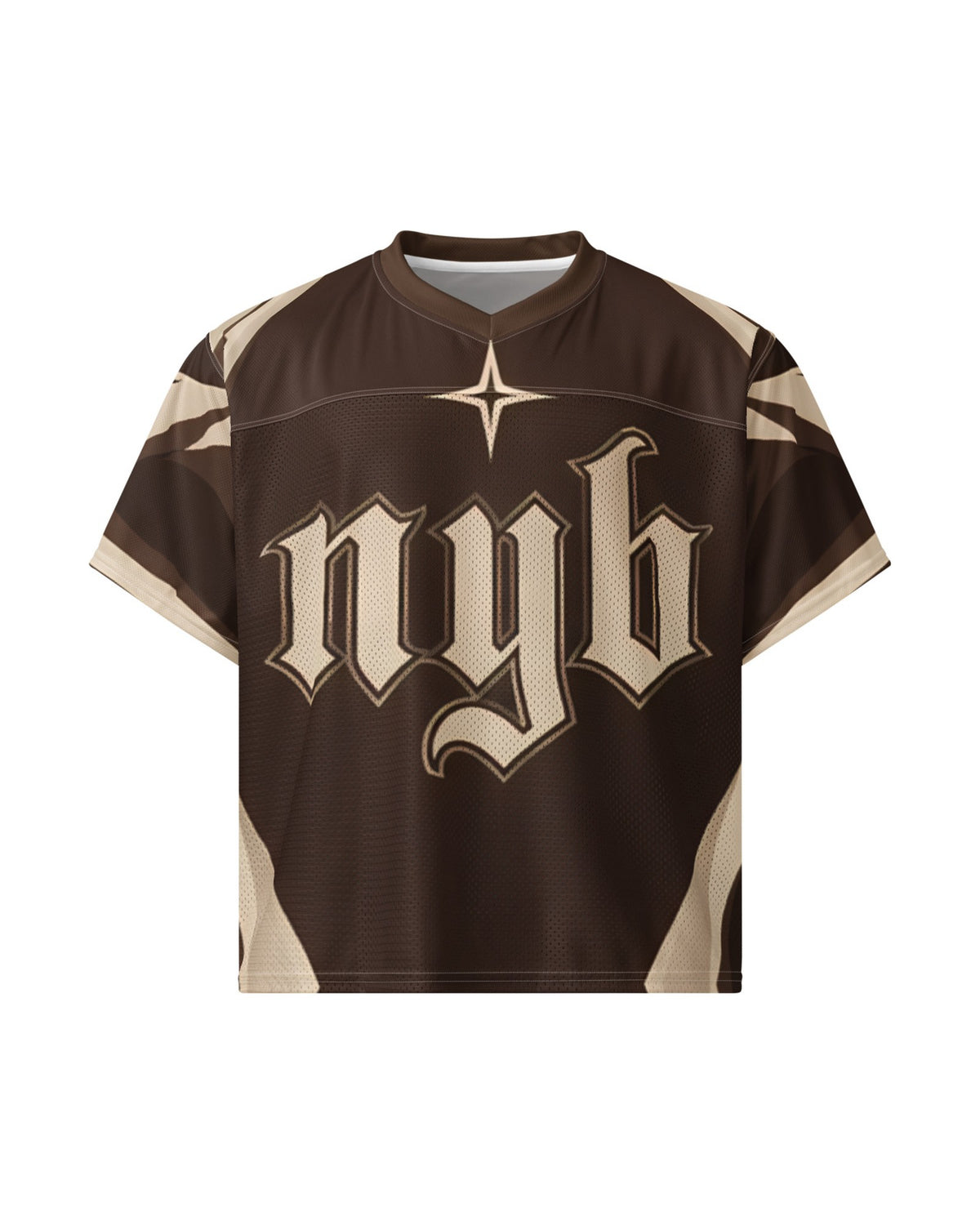 "DIRT NAP" brown and cream football jersey, front view, on white