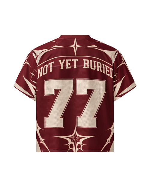 "CRIMSON BONE" burgundy and cream football jersey, back view, on white