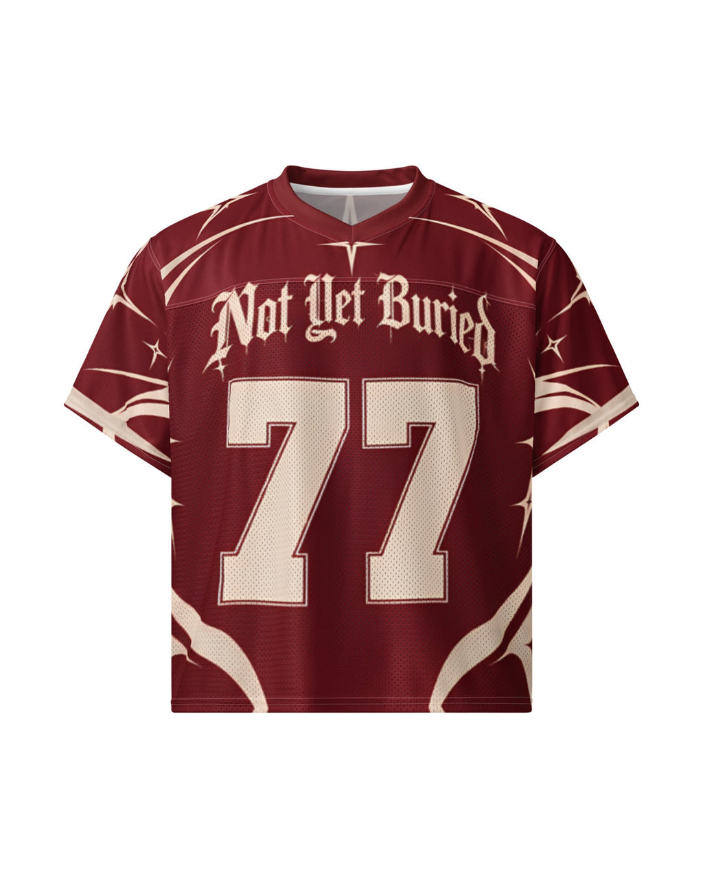 "CRIMSON BONE" burgundy and cream football jersey, front view, on white