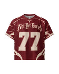 "CRIMSON BONE" burgundy and cream football jersey, front view, on white