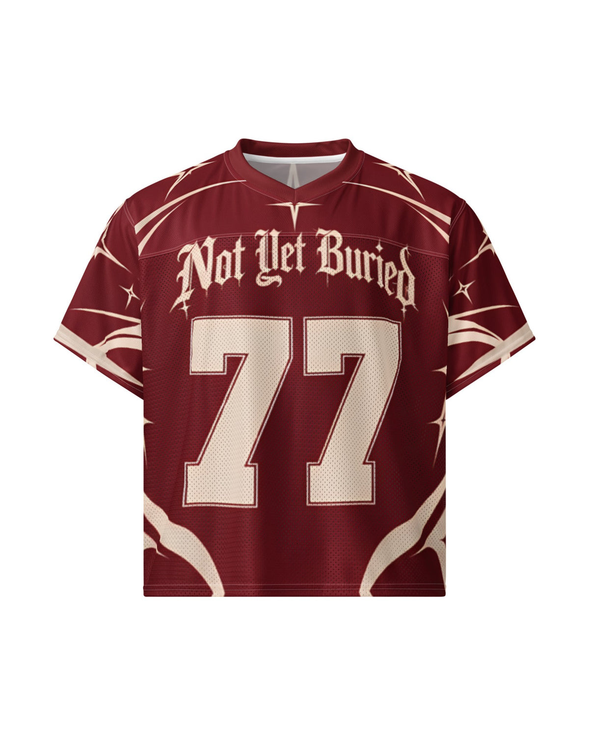 "CRIMSON BONE" burgundy and cream football jersey, front view, on white