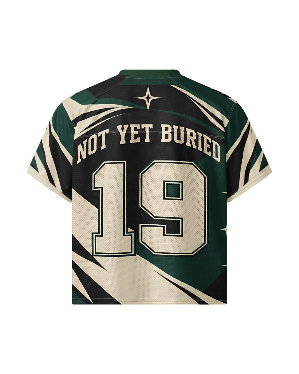 "BLIGHT" forest green and cream football jersey, back view, on white