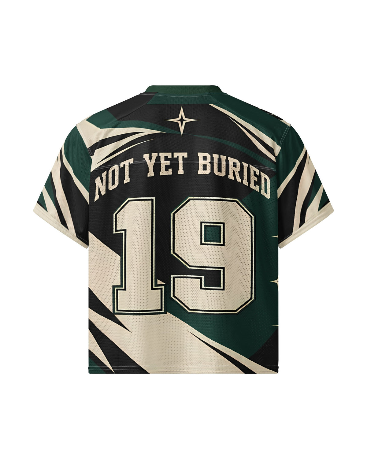 "BLIGHT" forest green and cream football jersey, back view, on white