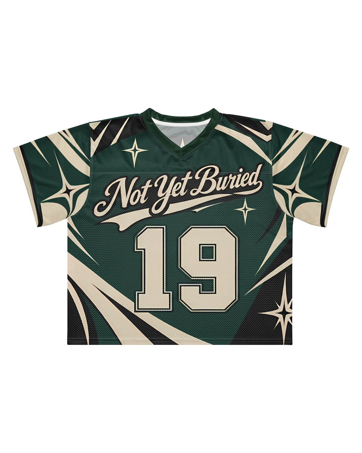 "BLIGHT" forest green and cream football jersey, flat view on white