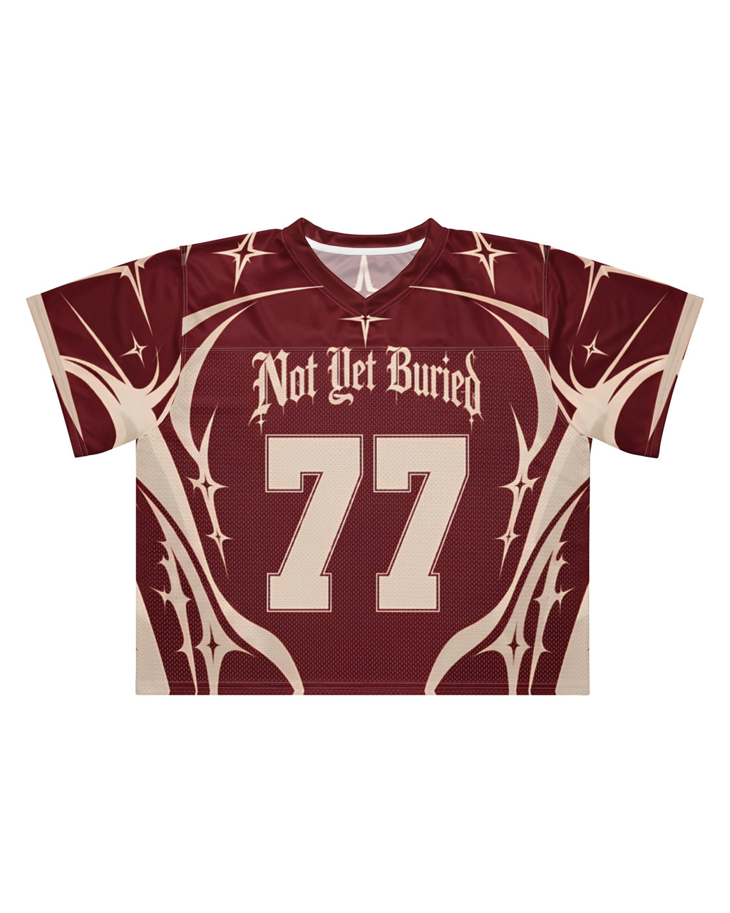 "CRIMSON BONE" burgundy and cream football jersey, flat view on white