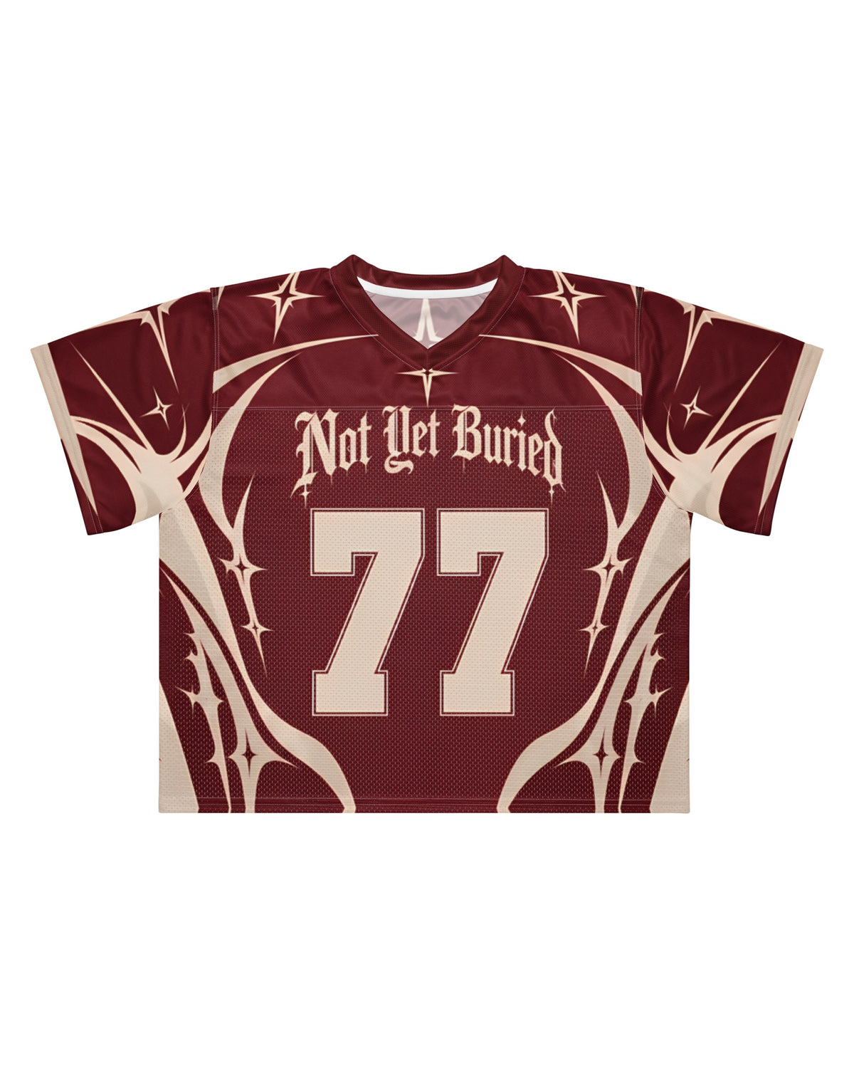"CRIMSON BONE" burgundy and cream football jersey, flat view on white