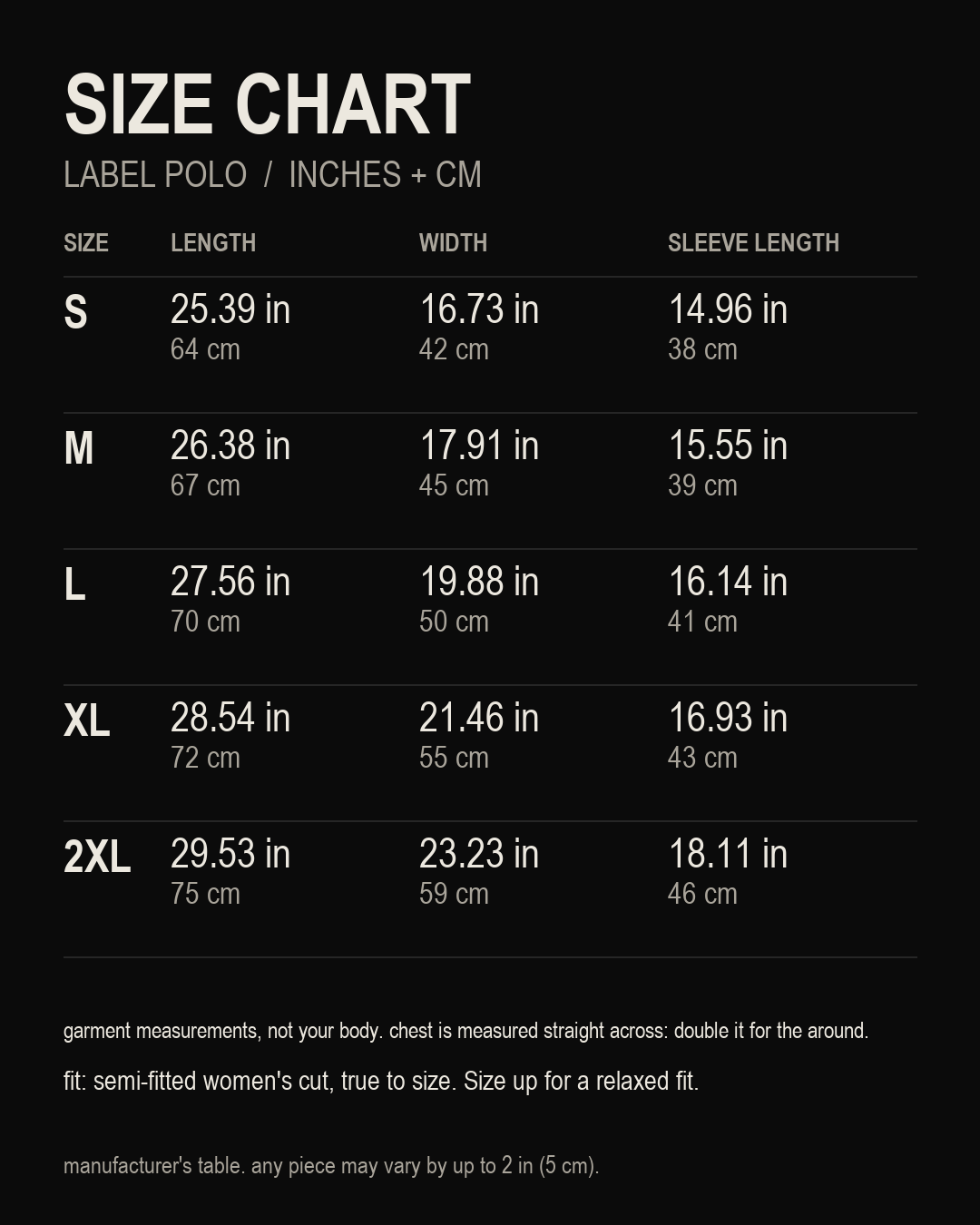 size chart, Label Polo, inches and centimetres