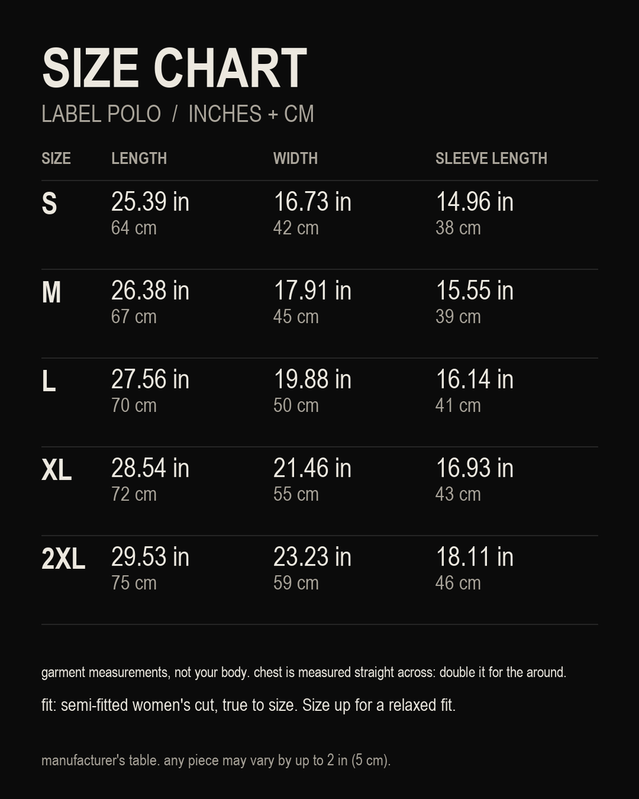 size chart, Label Polo, inches and centimetres