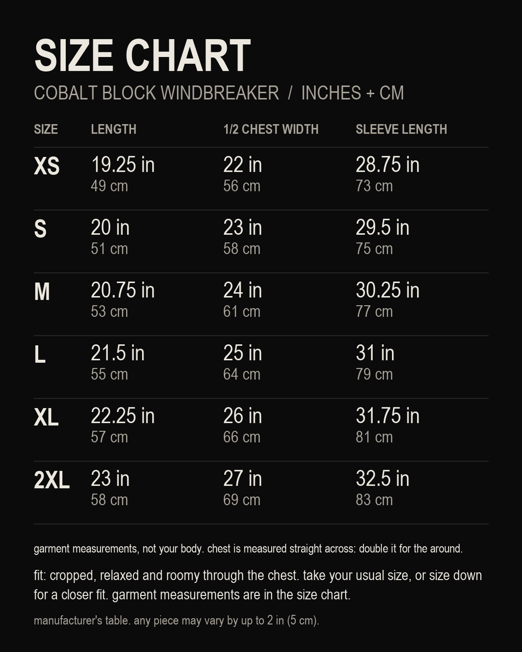 size chart, Cobalt Block Windbreaker, inches and centimetres