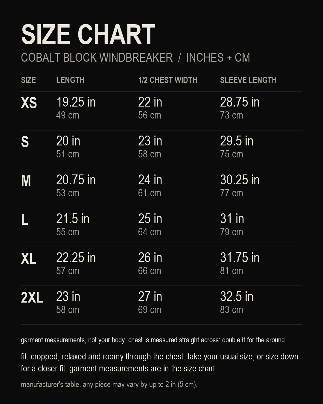 size chart, Cobalt Block Windbreaker, inches and centimetres