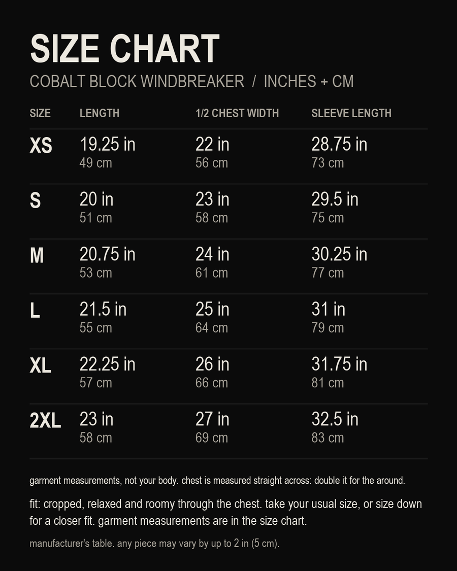 size chart, Cobalt Block Windbreaker, inches and centimetres