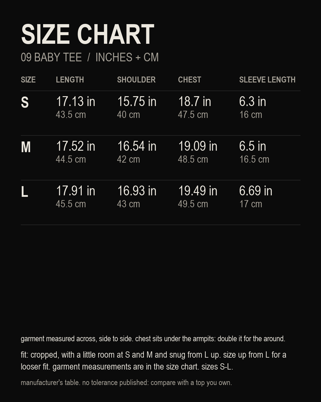 size chart, 09 Baby Tee, inches and centimetres