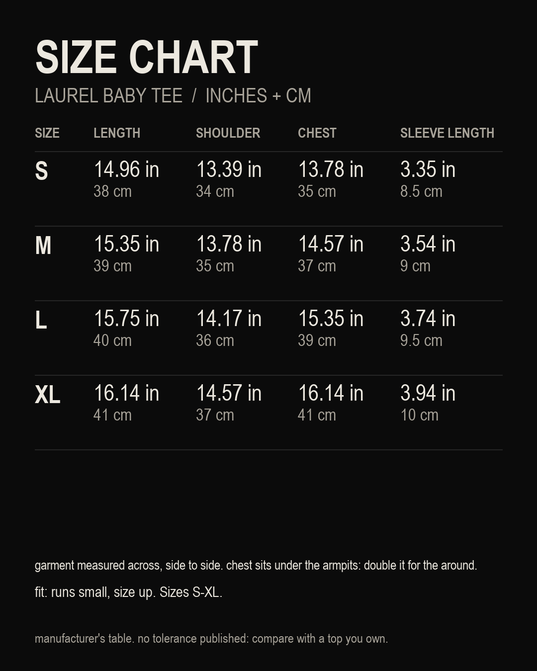 size chart, Laurel Baby Tee, inches and centimetres