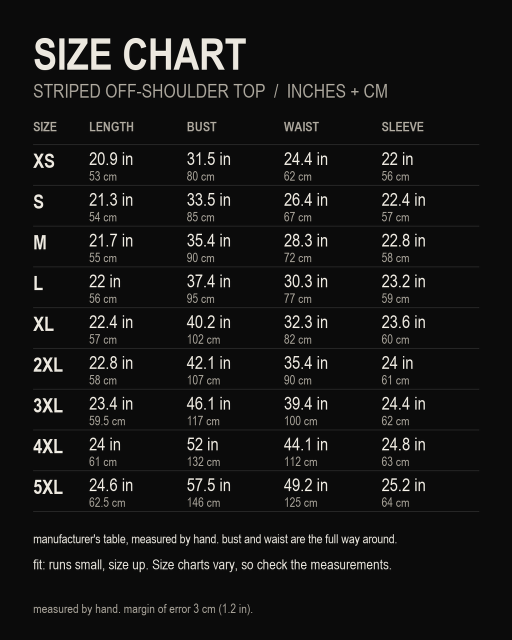 size chart, Striped Off-Shoulder Top, inches and centimetres