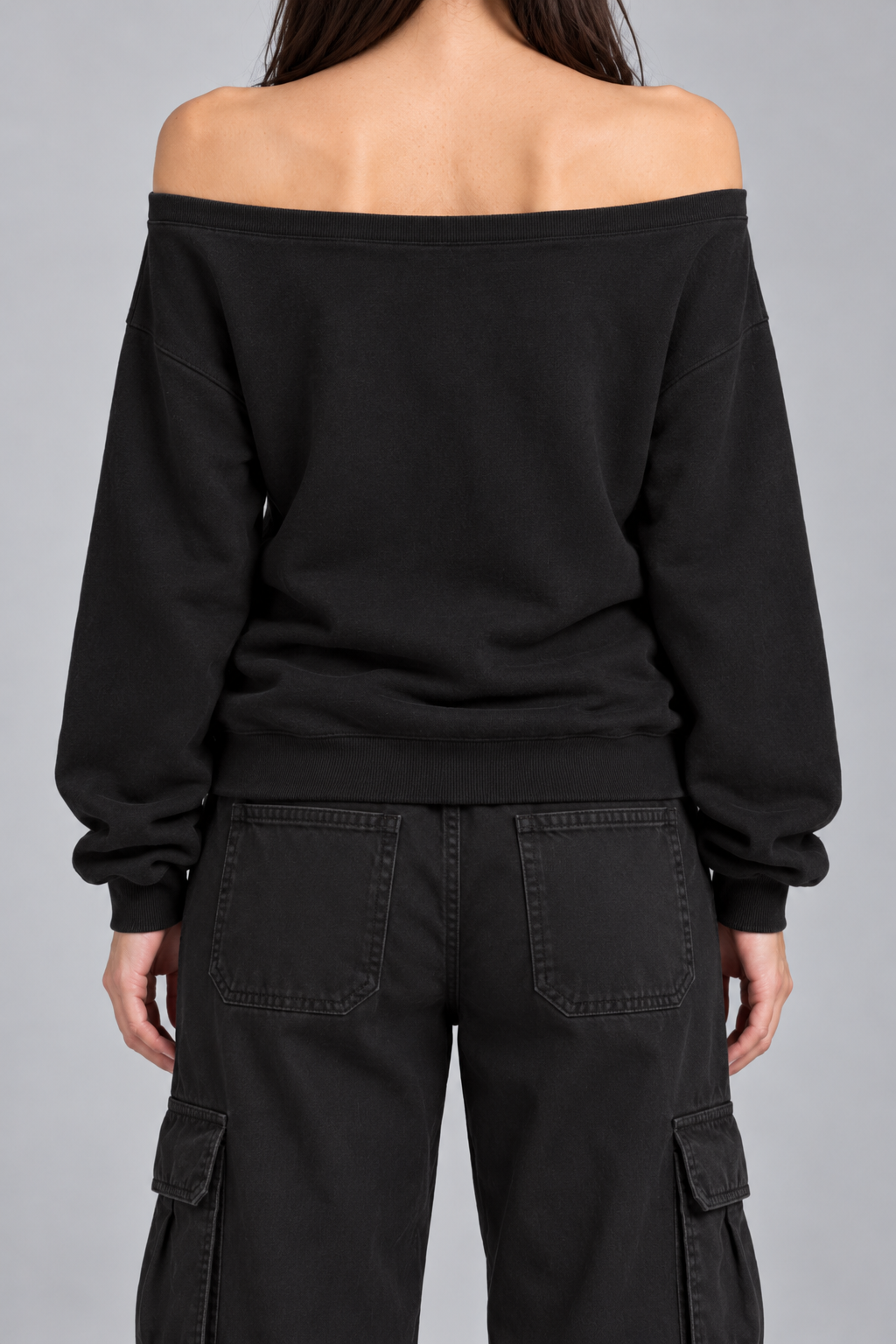black off-shoulder sweatshirt with silver-grey military frogging across the chest, on model, back view