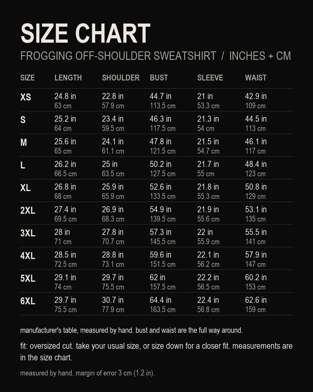 size chart, Frogging Off-Shoulder Sweatshirt, inches and centimetres