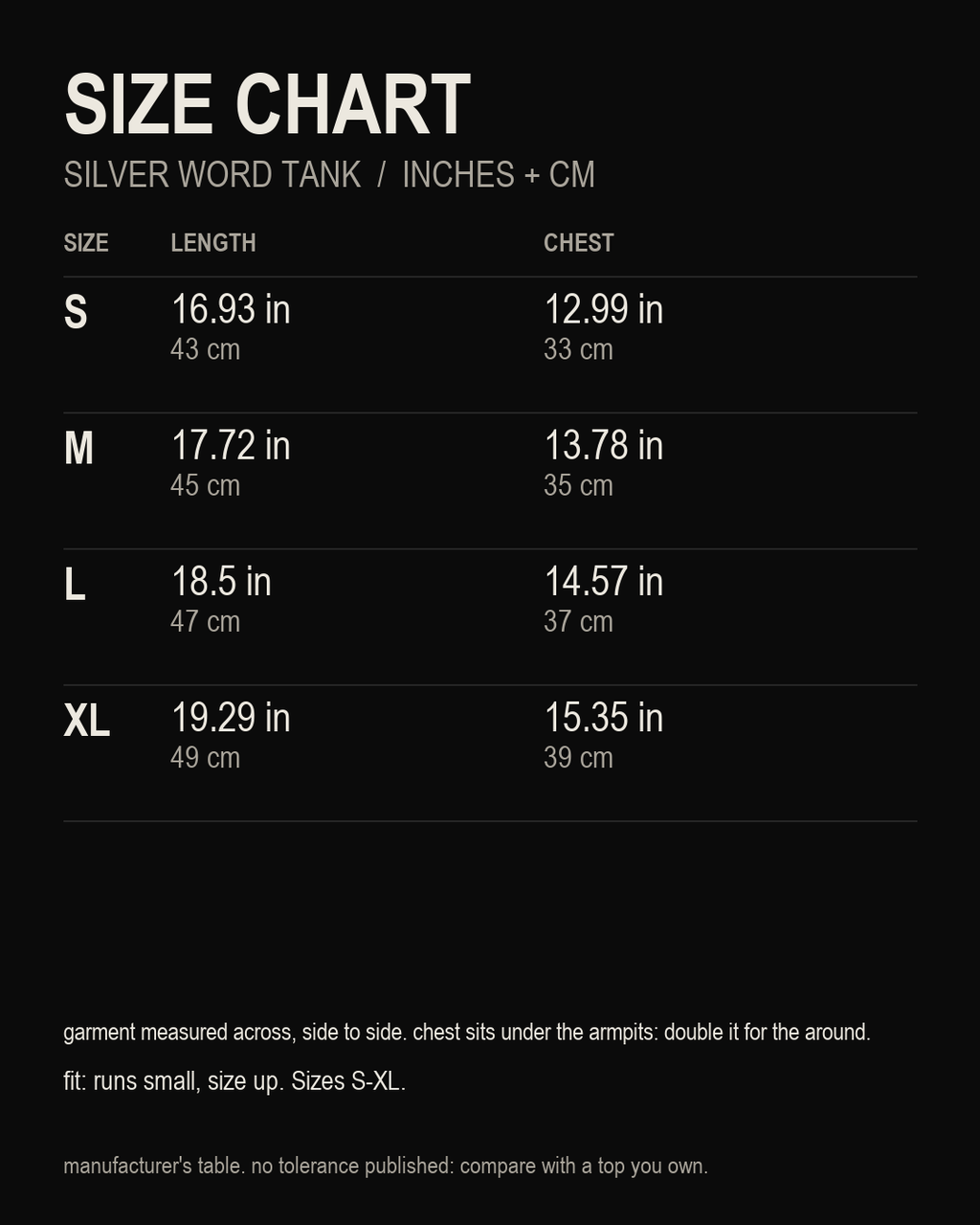 size chart, Silver Word Tank, inches and centimetres