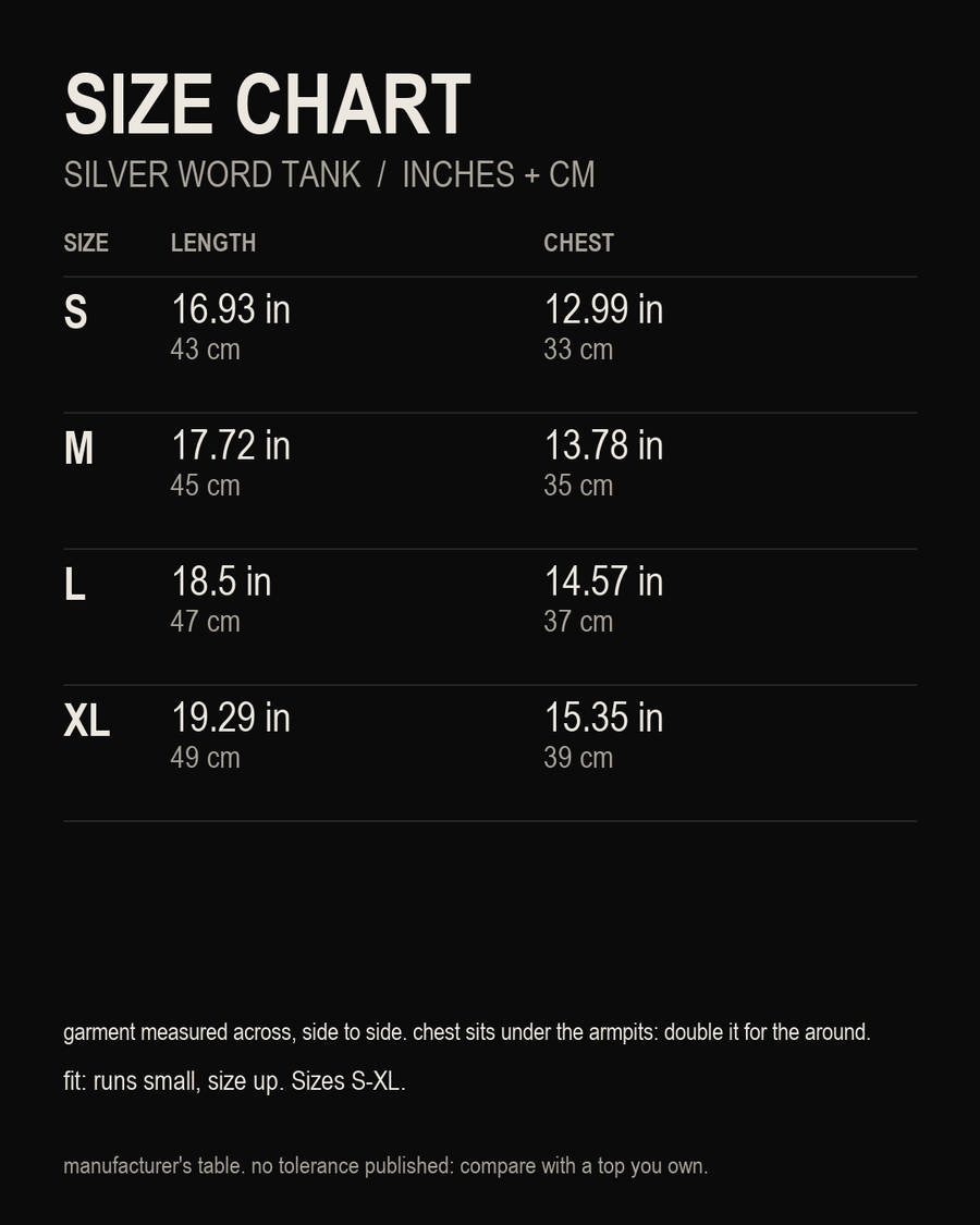 size chart, Silver Word Tank, inches and centimetres