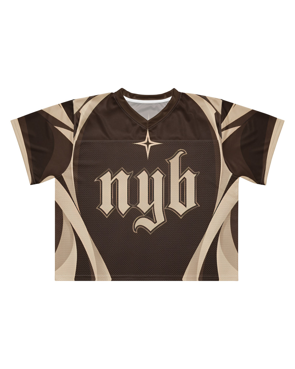 "DIRT NAP" brown and cream football jersey, flat view on white