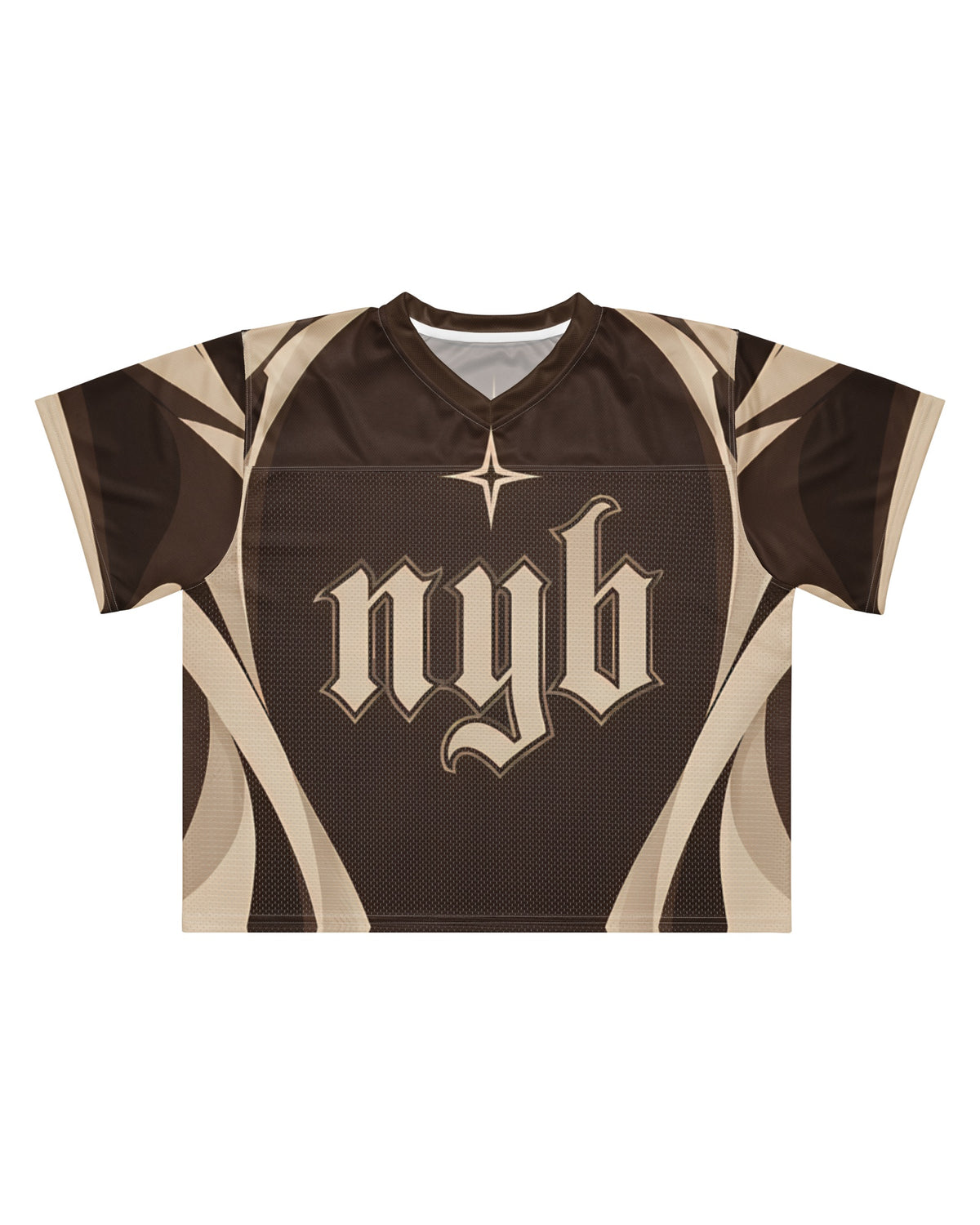 "DIRT NAP" brown and cream football jersey, flat view on white