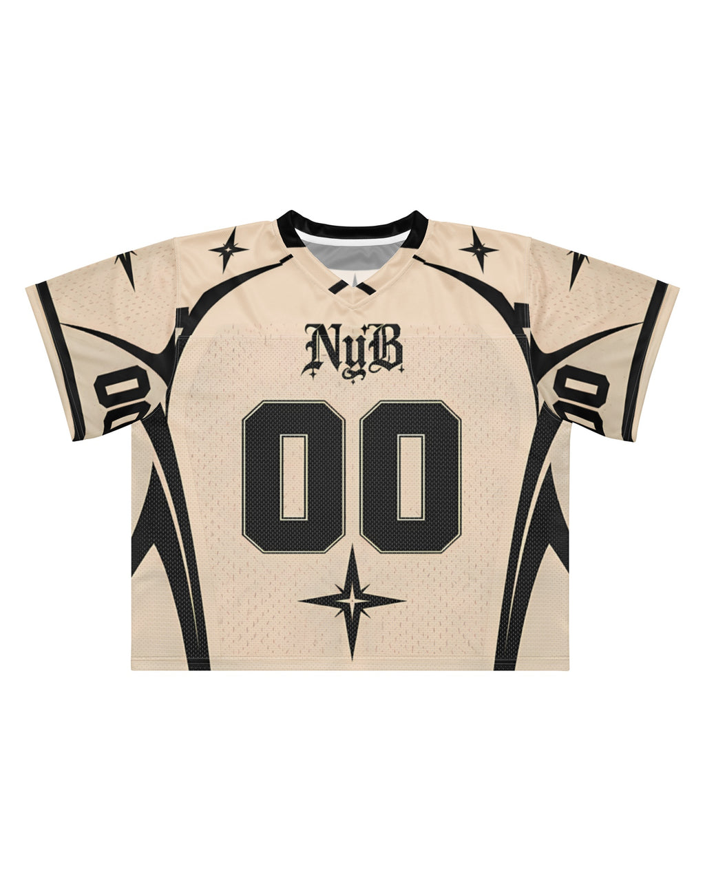 "NOUGHT" cream and black football jersey, flat view on white