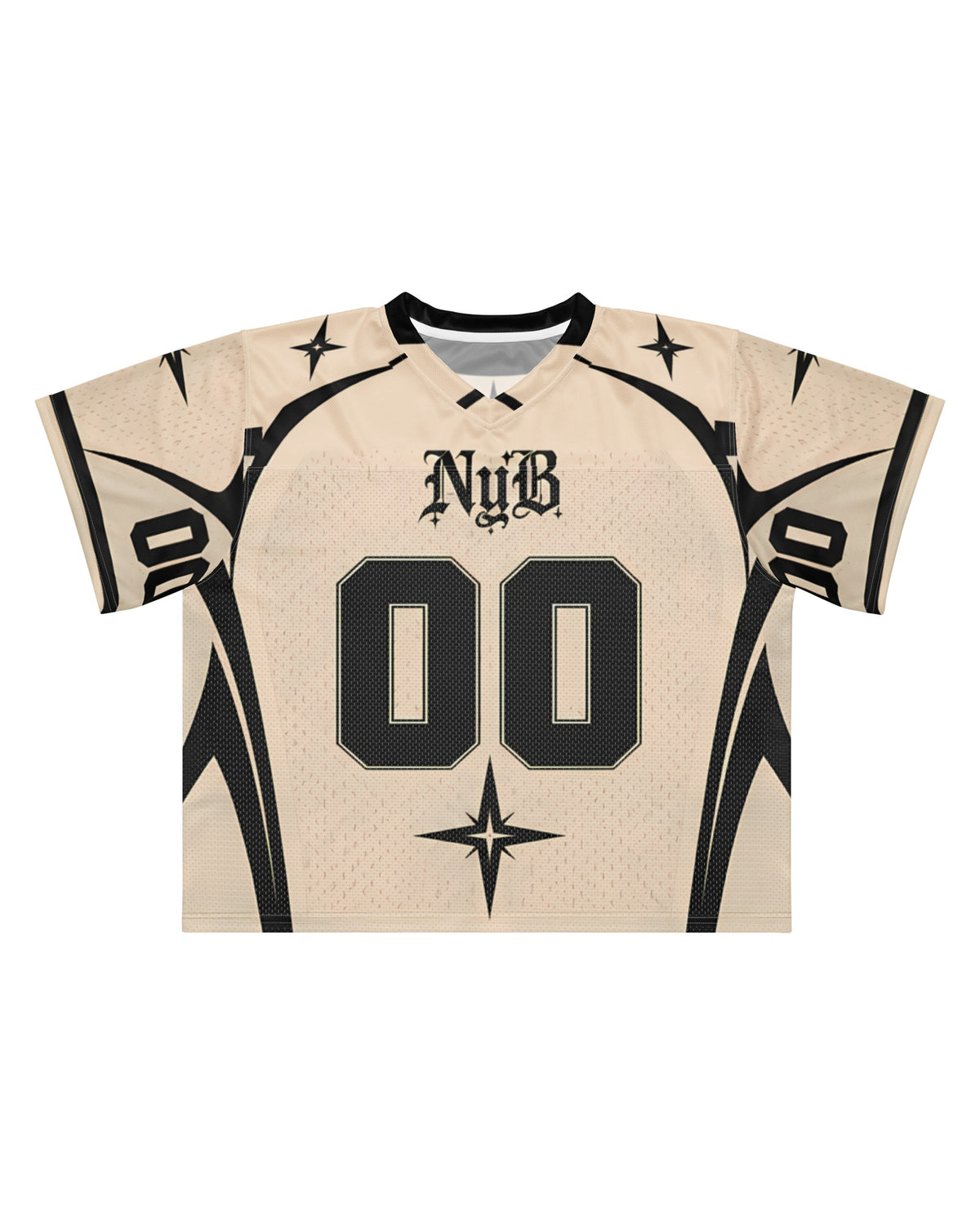 "NOUGHT" cream and black football jersey, flat view on white